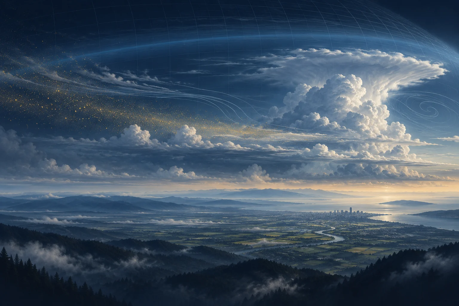 Conceptual illustration of atmospheric particles, clouds, and a landscape of cities and farmland